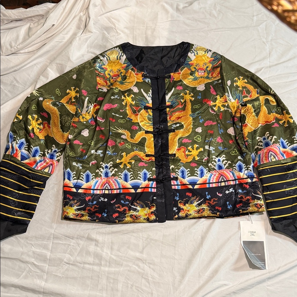 Dragon Embroidered Satin Bomber Jacket - Olive Green